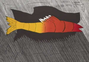 Patryk LUTOMSKI - Cień ryby, 2013 - grafika z czerwoną rybą na czarnym tle