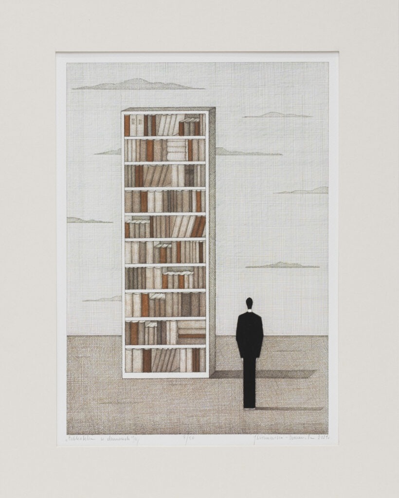 Joanna WISZNIEWSKA-DOMAŃSKA - Biblioteka w chmurach - grafika z mężczyzną i regałem