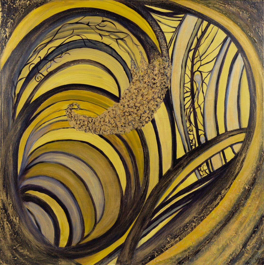 Izabela Drzewiecka - Miesiąc miodowy, 2021- żółto-złoty abstrakcyjny obraz