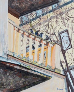 Pervin Ece Yakacik - Birds on balcony, 2021 - obraz z ptakami na balkonie