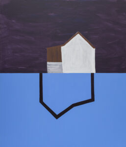Joanna Mrozowska - Dom na Wygnance I, 2019 - obraz z budynkiem na gładkim błękitno-fioletowym tle