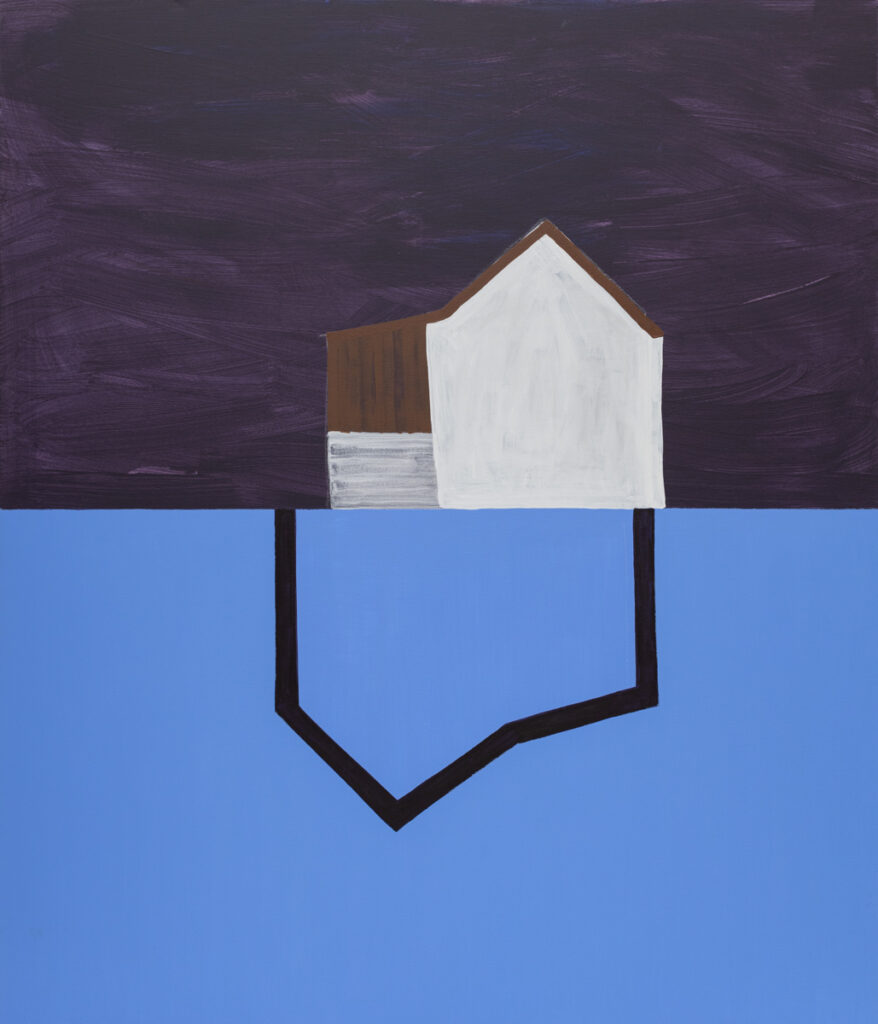 Joanna Mrozowska - Dom na Wygnance I, 2019 - obraz z budynkiem na gładkim błękitno-fioletowym tle