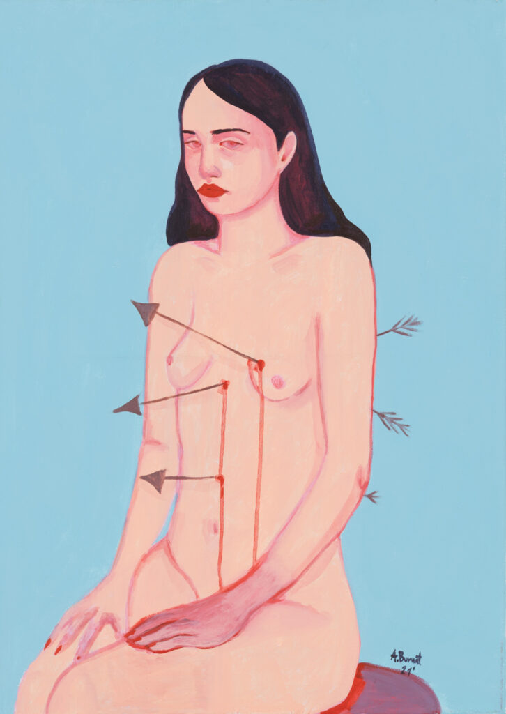Agata Burnat - Jest ok, 2021 - obraz z nagą kobietą zranioną strzałami