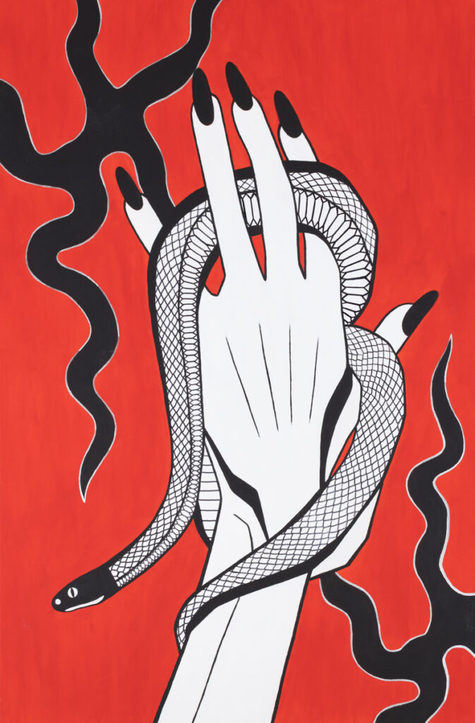 Adriana Zawadzka - Enchantress, 2021 - biało-czerwony obraz z dłonią i wężem