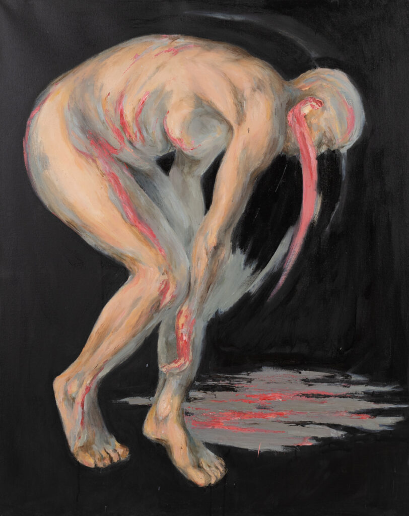 Monika Noga - In pink II, 2021 - sylwetka nagiej kobiety na czarnym tle