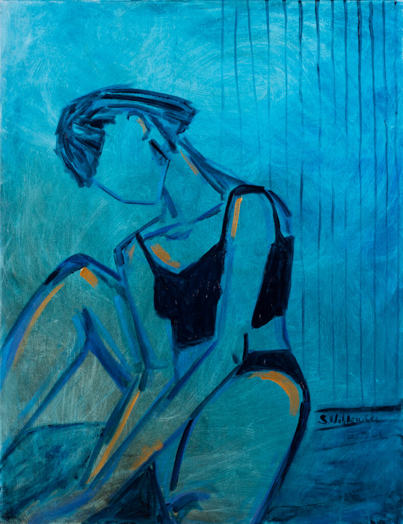Sofia Wróblewska Czekanie z cyklu Samotność kobieta obraz niebieski duży format sztuka młoda