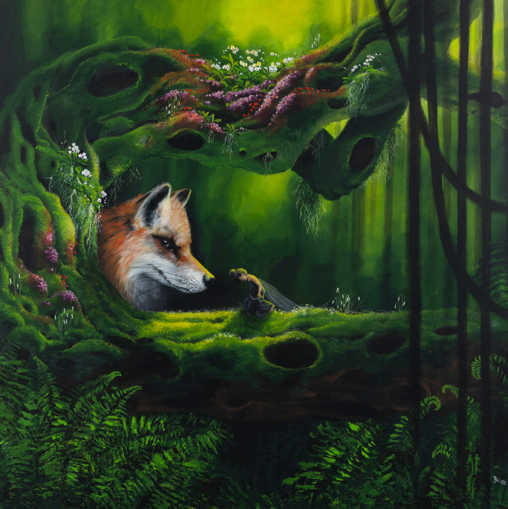 Beata Mura - Pokora, 2021 - bajkowy obraz z lisem w lesie