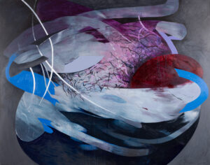 Agata Czeremuszkin-Chrut, Materiały 8, 2021 – duży obraz abstrakcyjny w odcieniach granatu i bordowym na szarym tle