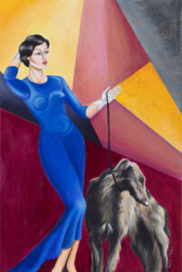 Katia Meller - Siad, 2022 - obraz z elegancką kobietą i psem