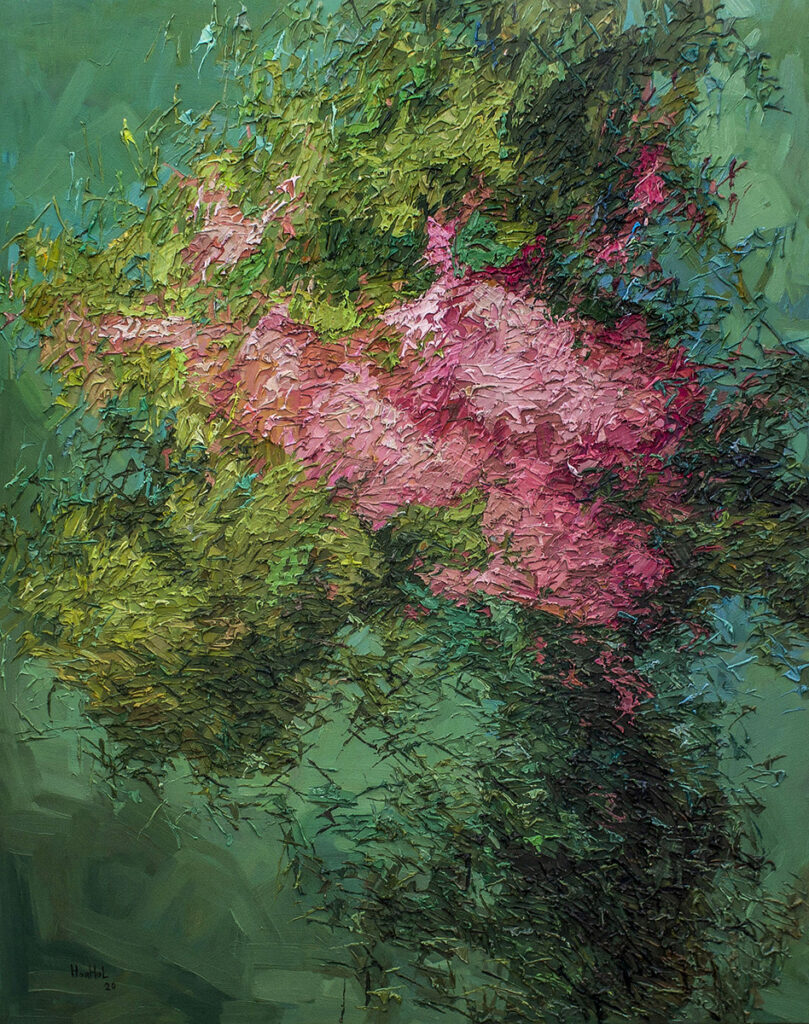 Olena Horhol, Flowering 61, 2021 - różowe kwiaty na zielonym tle