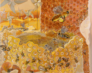 Michalina Czurakowska Patoka, 2021 - żółto-pomarańczowy obraz z pszczołami