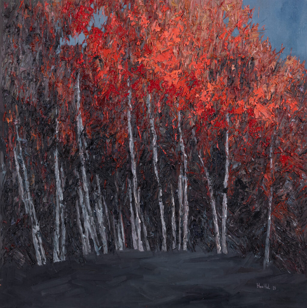 Olena Horhol - Jesień 6, 2021 - pejzaż z czerwonymi drzewami