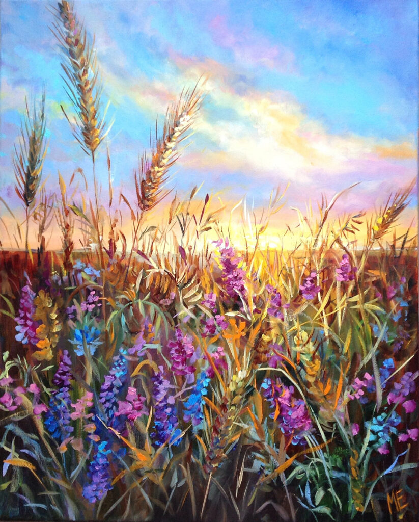 Olena Hontar - Opuszczając lato, 2021 - kolorowy obraz z łąką i kwiatami