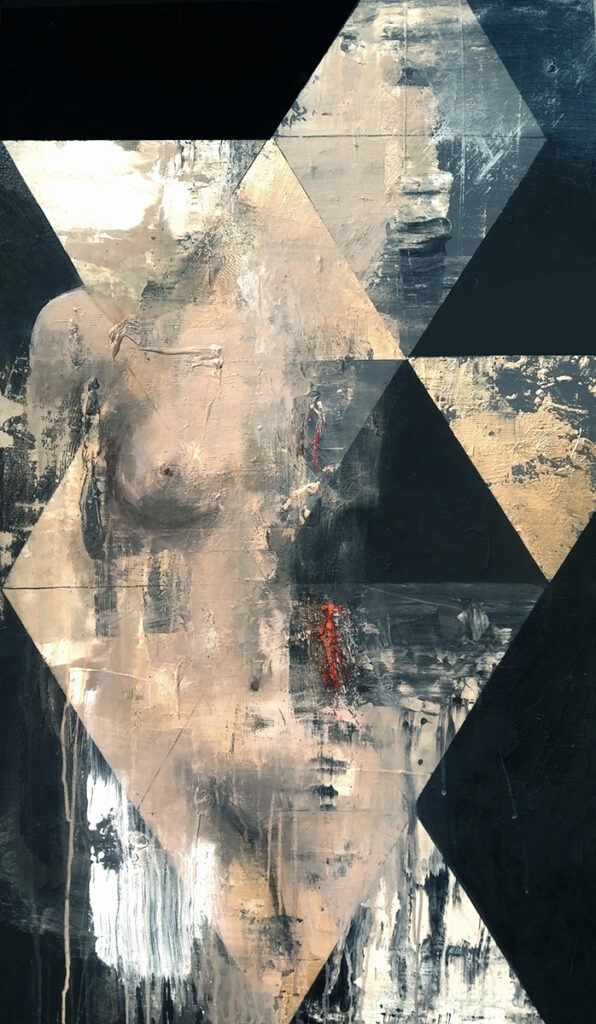 Joanna Rudek - Temida, 2022 - czarno-złoty obraz z postacią