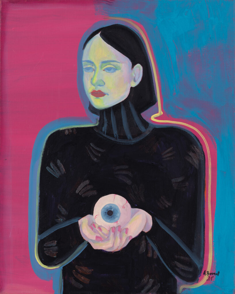 Agata Burnat - Bez tytułu, 2021 - kolorowy portret kobiety z okiem