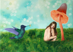 Ewelina Wasilewska - Dary dla mej pani, 2022 - bajkowy obraz z kobietą i kolibrem