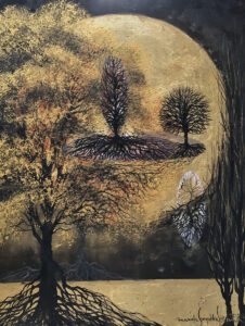 Mariola Świgulska - Symfonia wędrujących drzew, 2022 - złoty obraz z drzewami