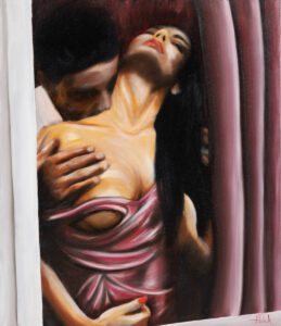 Artem Tuliuk - W oknie miłości, 2022 - obraz z całującą się parą