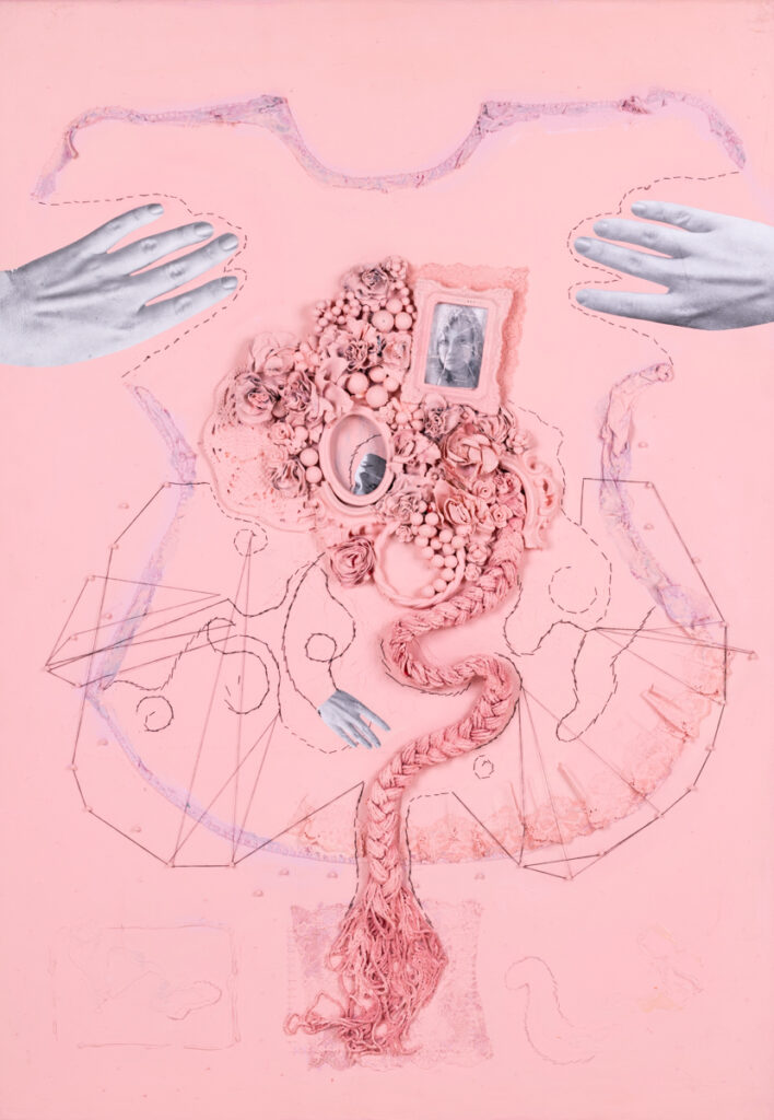 Małgorzata Kalinowska - Uwikłanie, 2013 - różowy obraz z dłońmi