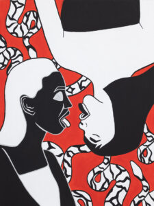 Adriana Zawadzka - Yin yang, 2021 - biało-czerwono-czarny obraz z dwoma kobietami
