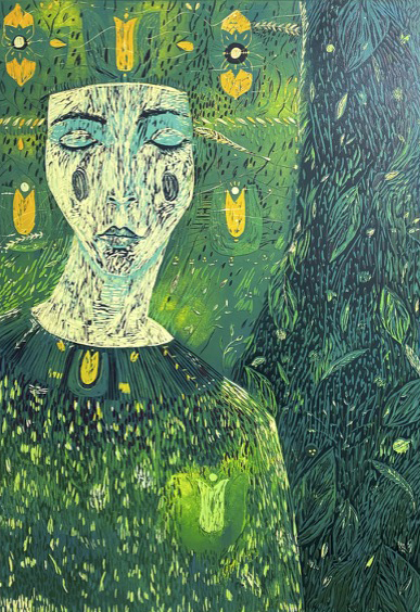 Eugenia Tynna - E.T., 2014 - grafika z postacią na zielonym tle
