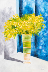 Iryna Baranova Bouquet of mimosas, 2022 sztuka młoda ukraińska obraz kwiaty wazon bukiet