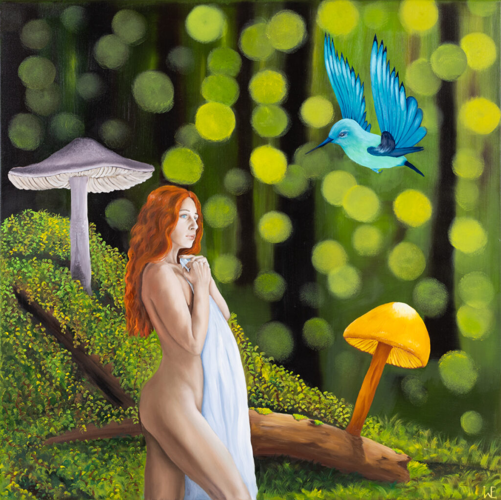 Ewelina Wasilewska - Kto w tych oczach mieszka?, 2022 - obraz z nagą kobietą i kolibrem w lesie