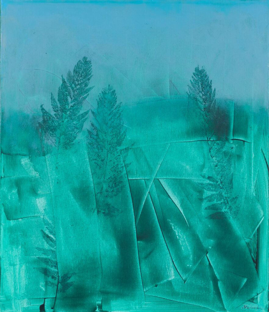 Agata Rościecha - Zarośla III, 2021 - obraz z zielonymi liśćmi