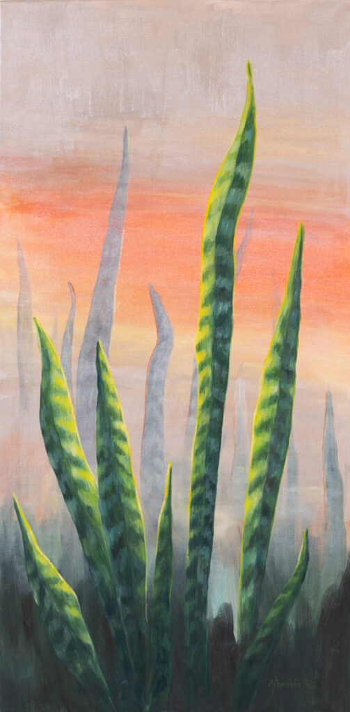 Elżbieta Ponińska - Wschód słońca, 2022 - obraz z zielonymi liśćmi na pomarańczowym tle