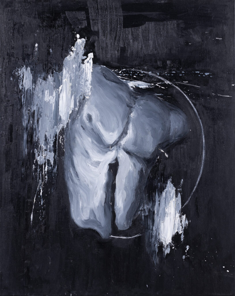 Monika Noga - El Torso I, 2021 - czarny obraz z szarym toresem męskim