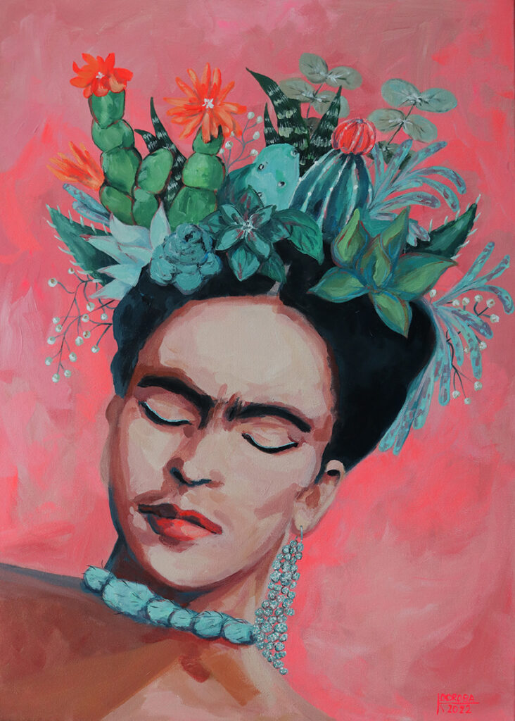Katarzyna Doroba - Kłujące myśli, 2022 - portret Fridy Kahlo na różowym tle
