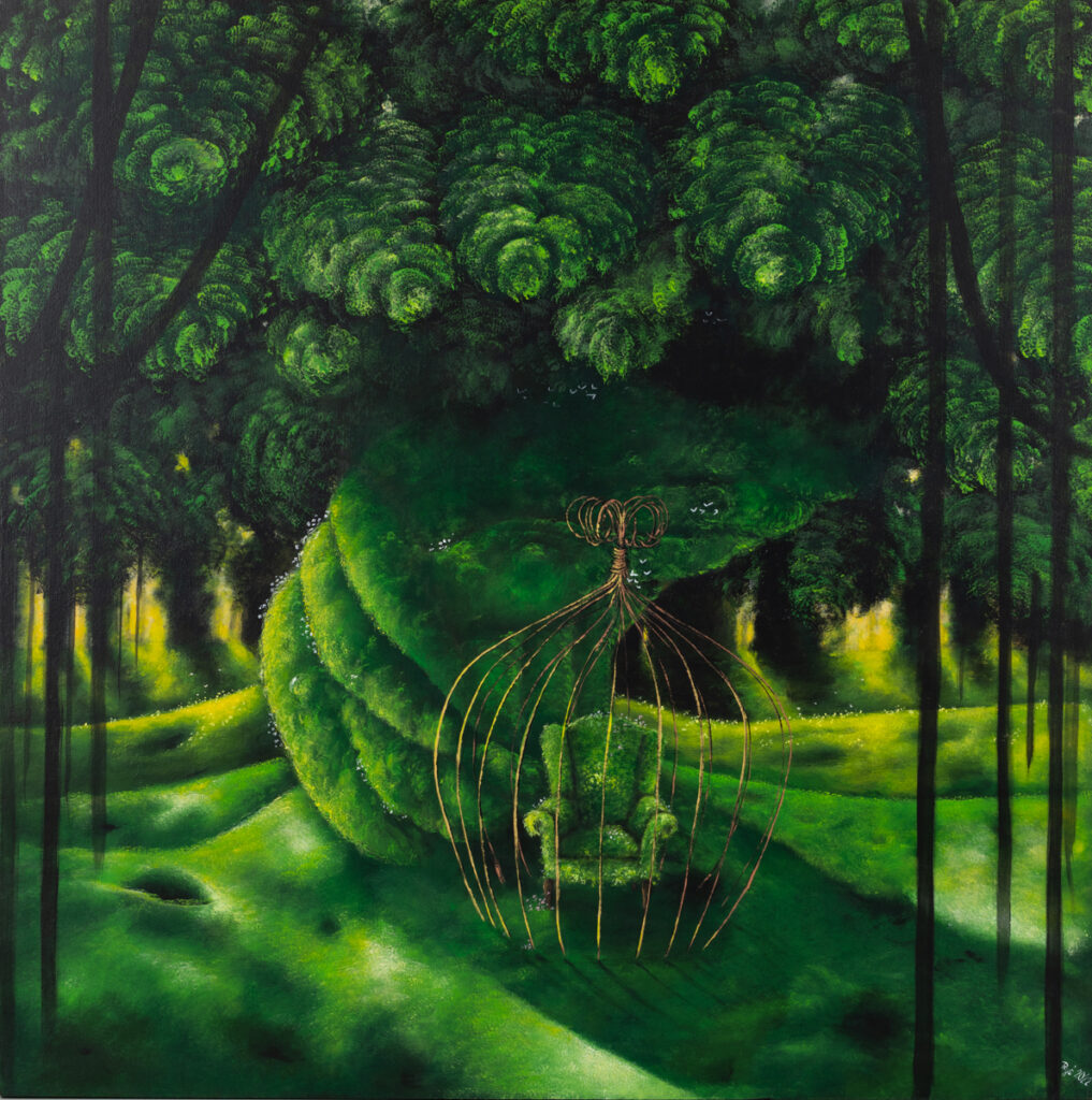 Beata Mura, Miejsce na ziemi, 2022 - zielony obraz z lasem