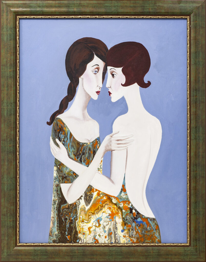 Patrycja Kruszyńska-Mikulska, Meloklimaty, 2017 - dekoracyjny obraz z dwoma kobietami w sukniach