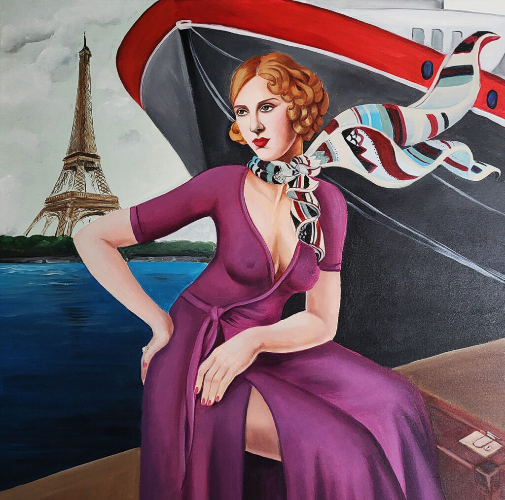 Patrycja Kruszyńska-Mikulska, Wakacje w Paryżu, 2022 - dekoracyjny obraz z kobietą na tle statku