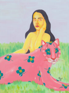Agata Burnat - Polana, 2022 - kolorowy obraz z kobietą i panterą