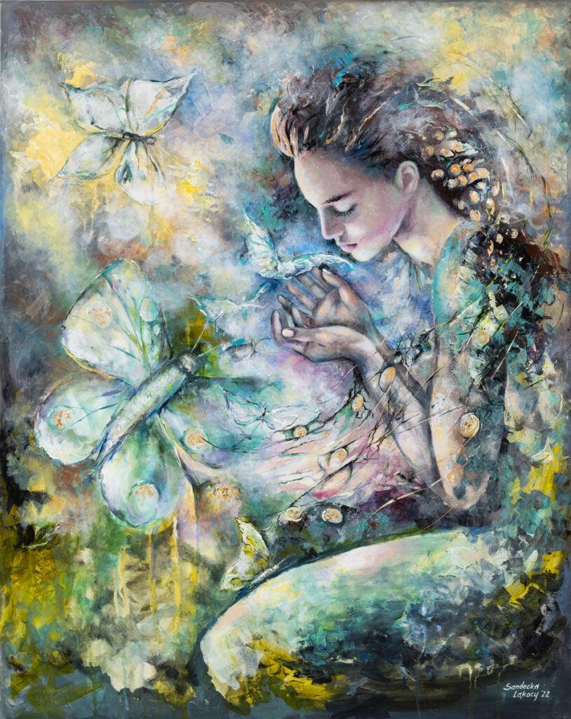 Anna Sandecka-Ląkocy - Rustle of Wings, 2022 - bajkowy obraz z kobietą i motylem
