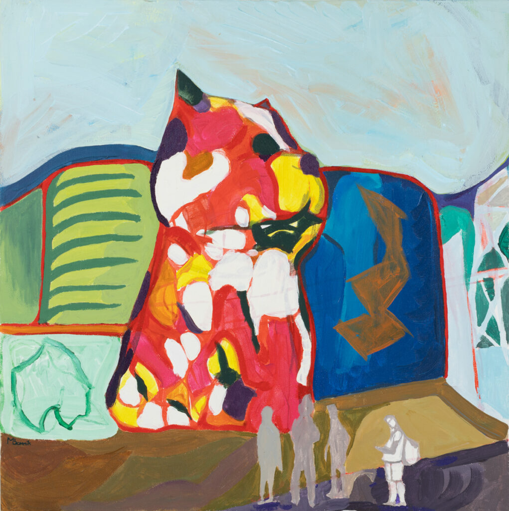 Milena Bownik - Pies przy Muzeum Guggenheima, 2019 - kolorowy obraz z rzeźbą psa
