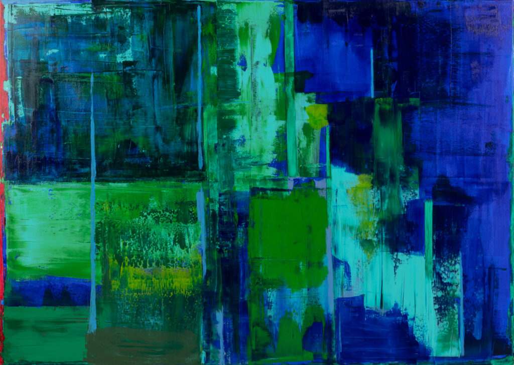 Sebastian Andrzejewski, Entropia, 2022 - niebiesko-zielona abstrakcja