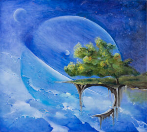 Adam Meler, Iluzje, 2022 - niebieski bajkowy obraz z drzewem