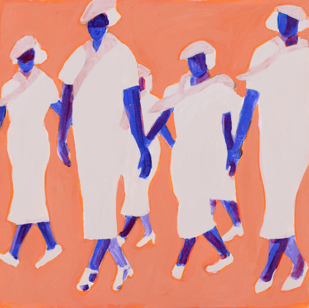 Iwona Kobryń - Bez tytułu z cyklu Lekcja rytmiki, 2022 - pomarańczowy obraz z tańczącymi kobietami