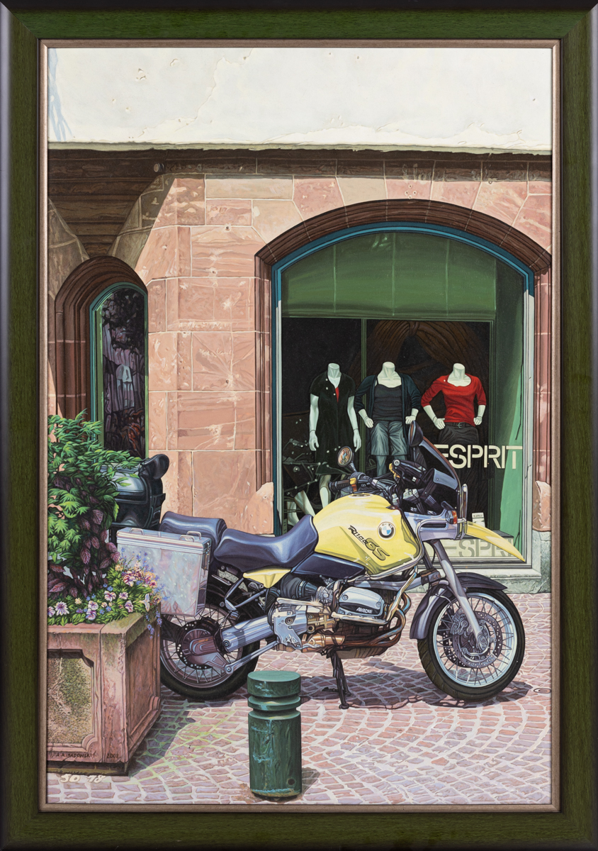Andrzej Adam Sadowski Colmar – witryna Esprit i motocykl BMW R 1100GS, 2008 męskie malarstwo współczesne polskie motor obraz