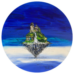 Mariola Świgulska - Dryfująca Nibylandia, 2022 - bajkowy obraz z wyspą