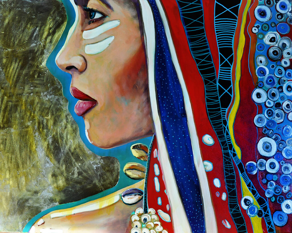 Jena Polak - Wiedźma, 2022 - kolorowy obraz z kobiecą twarzą