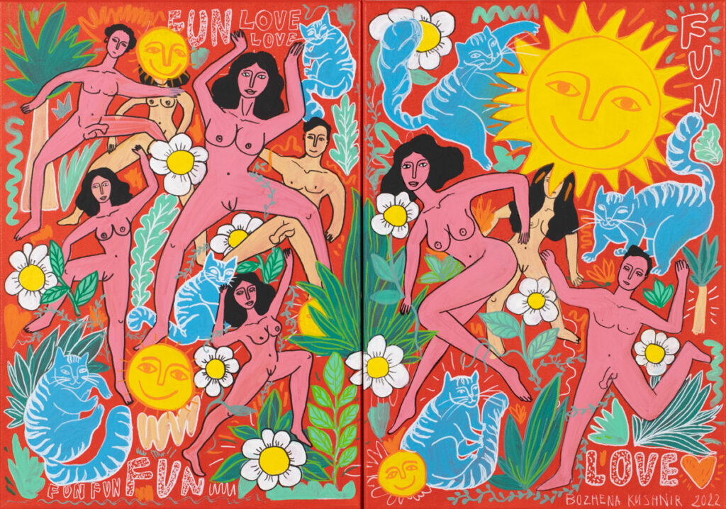 Bozhena Kushnir - Love / Life (dyptyk), 2022 - kolorowy obraz z postaciami i kwiatami
