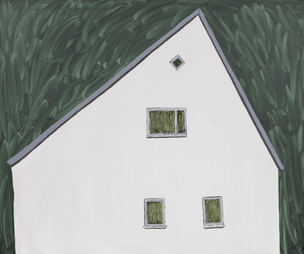 Joanna Mrozowska - Domek przy ulicy Mlecznej, 2018 - zielono biały obraz z architekturą