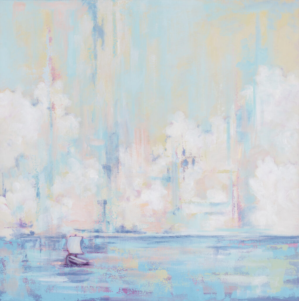 Paulina Lewandowska - Pod chmurką, 2021 - pastelowy obraz z łódką na wodzie