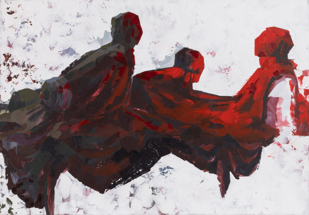 Ala Zhyvulka - Biało-czerwono-białe, 2020 - obraz z czerwonymi postaciami na białym tle