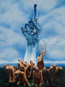 Tomasz Koper - KT6/22, 2022 - surrealistyczny obraz z dłonią i ludźmi