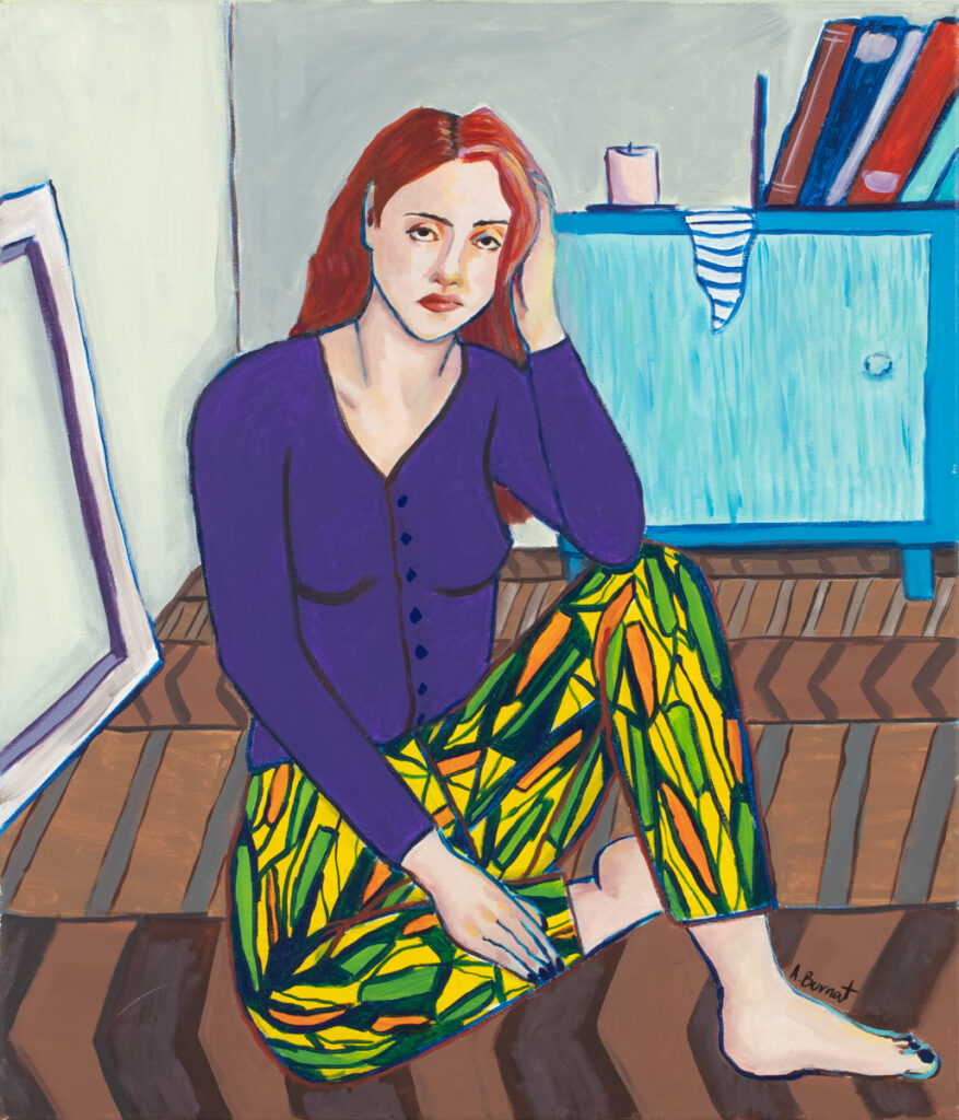 Agata Burnat Bez tytułu (kobieta w czerwonych włosach), 2020 - kolorowy obraz z kobietą we wnętrzu