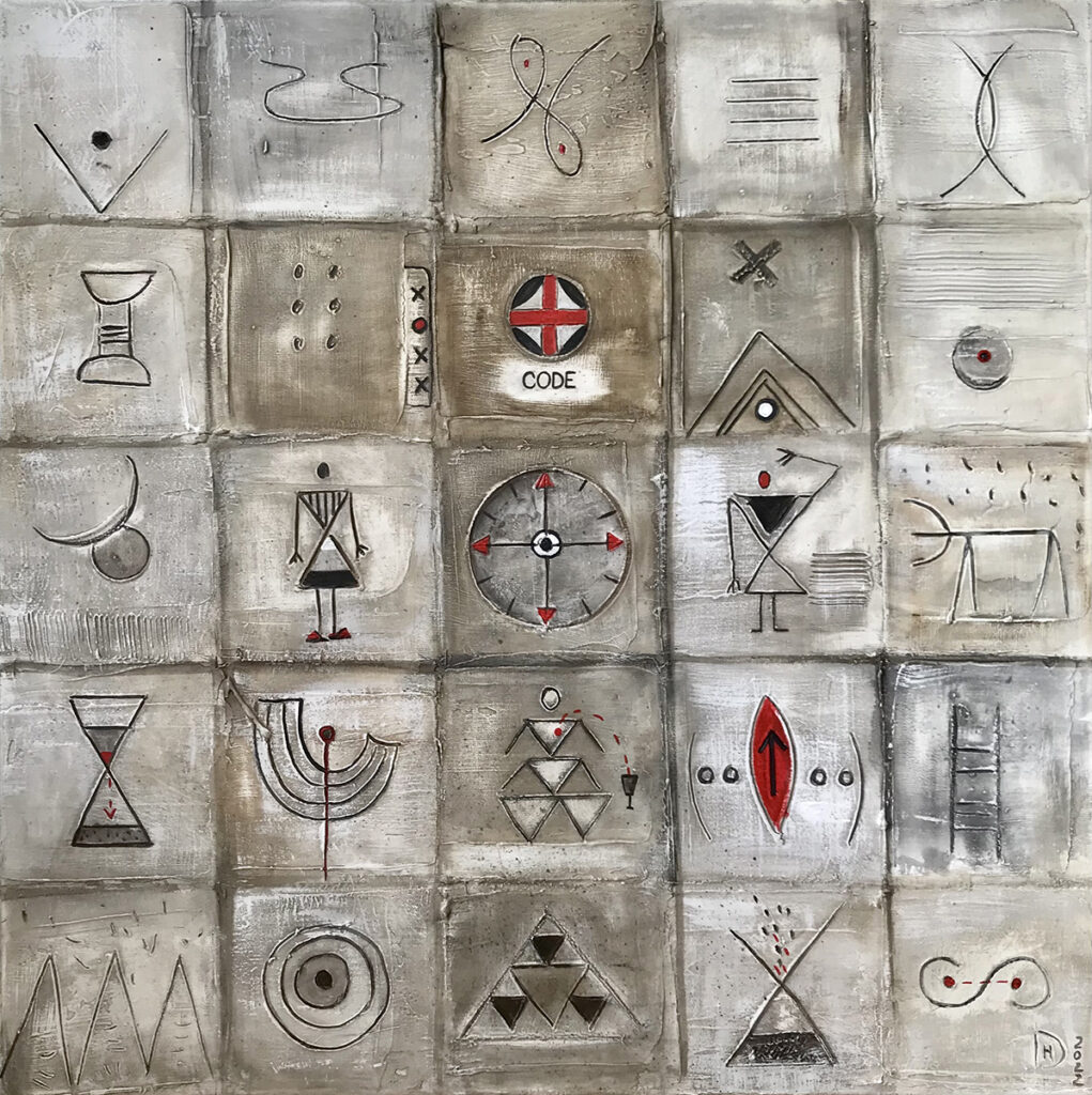 Halyna Dudar Cultural code, 2022 obraz z symbolami symbole znaki kod kulturowy symbolizm szary beżowy